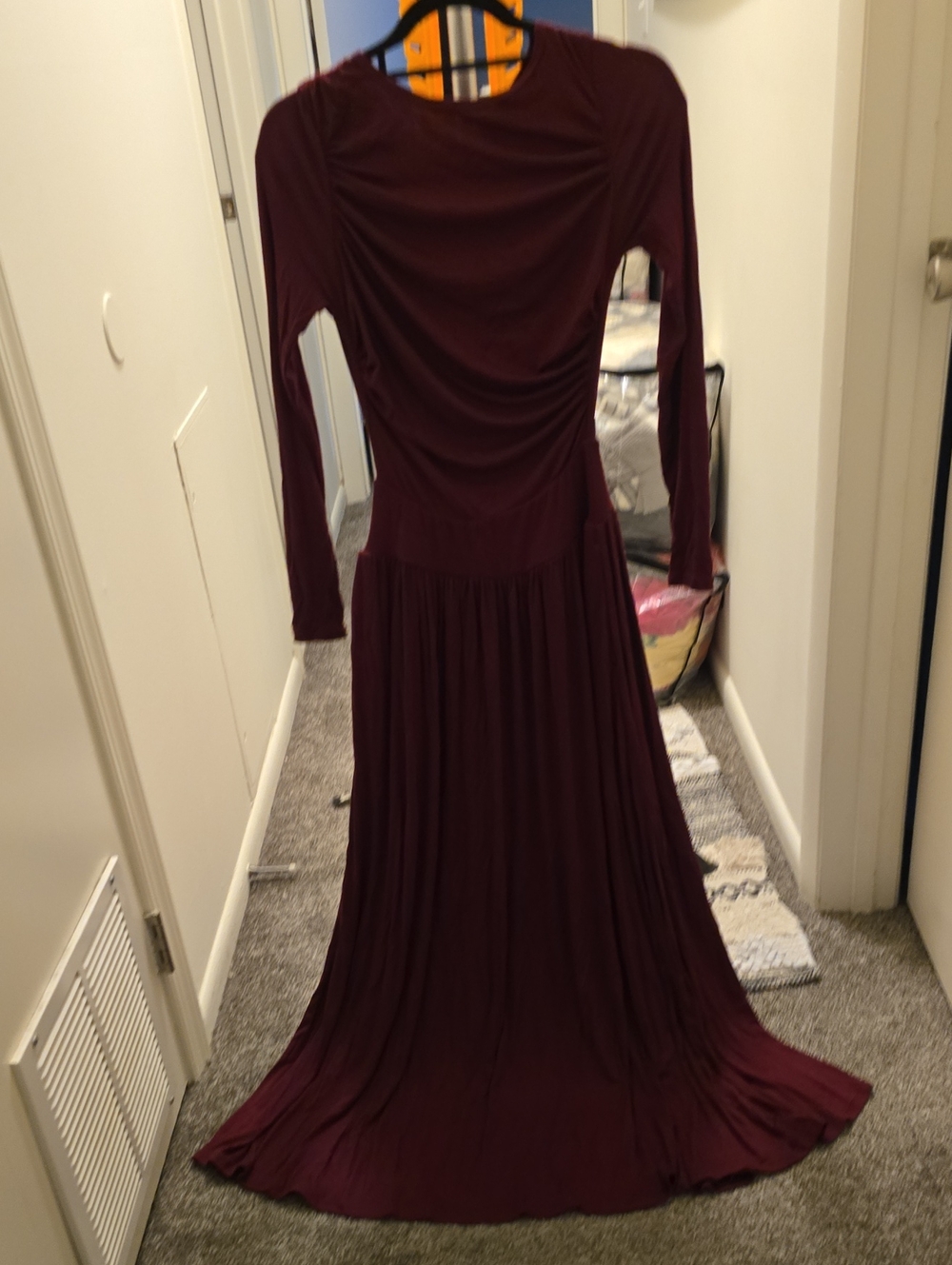 NWOT Halara Women's Long-Sleeve Maxi Dress in Burgundy — Elegant Gathered Waist